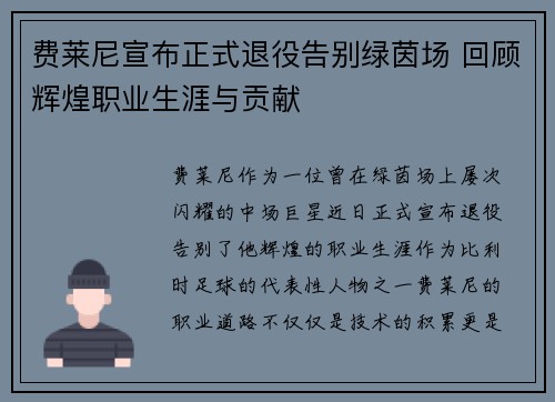 费莱尼宣布正式退役告别绿茵场 回顾辉煌职业生涯与贡献 费莱尼宣布正式退役告别绿茵场 回顾辉煌职业生涯与贡献