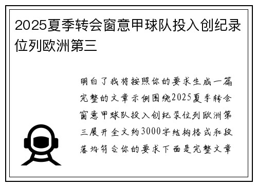 2025夏季转会窗意甲球队投入创纪录位列欧洲第三
