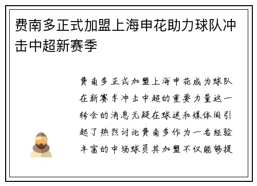 费南多正式加盟上海申花助力球队冲击中超新赛季